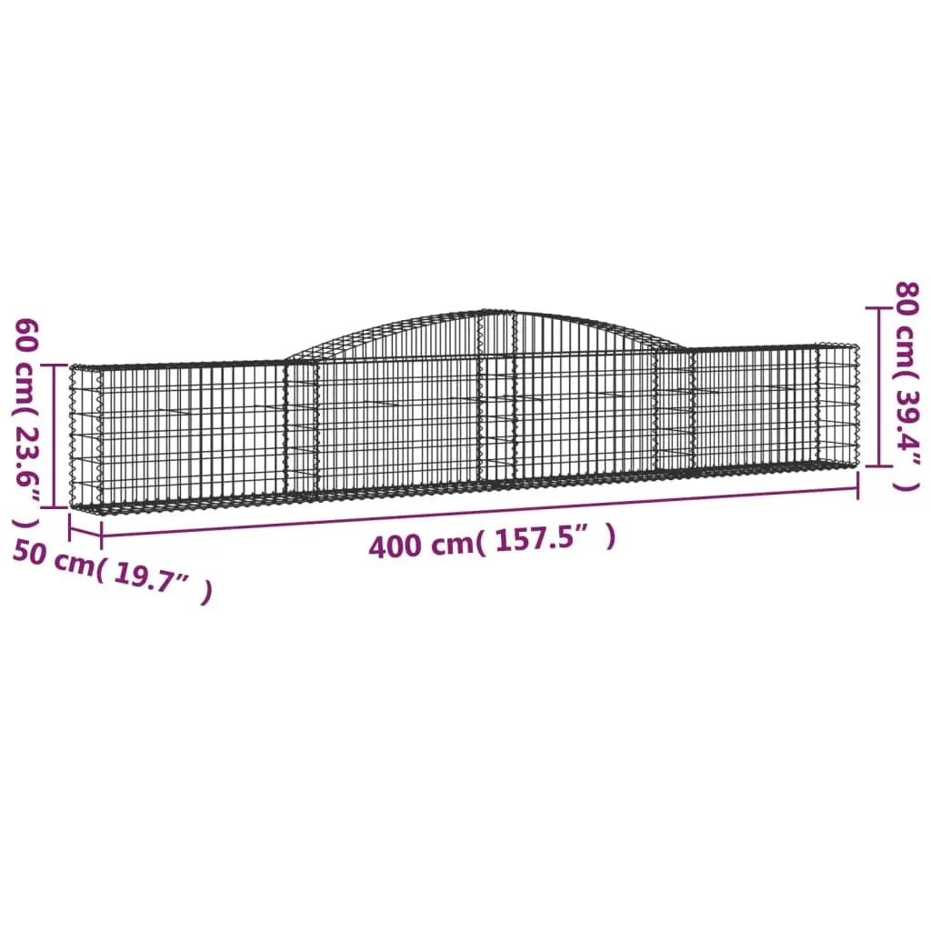 Arched Gabion Baskets Galvanised Iron 400x50x60/80 cm Silver 2 Piece Garden Barrier Retaining Wall Decorative Outdoor