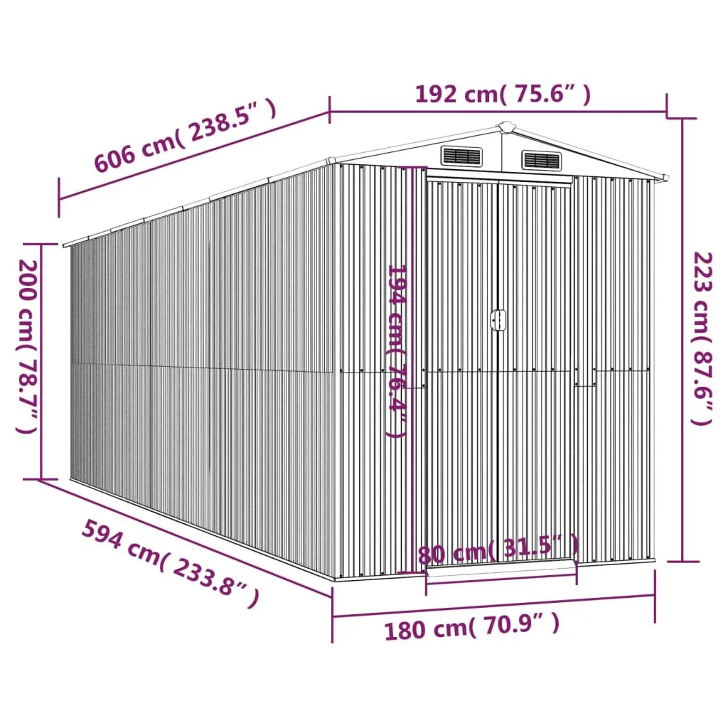 Garden Shed Outdoor Tool House Galvanised Steel Green Double Sliding Doors 192x606x223cm
