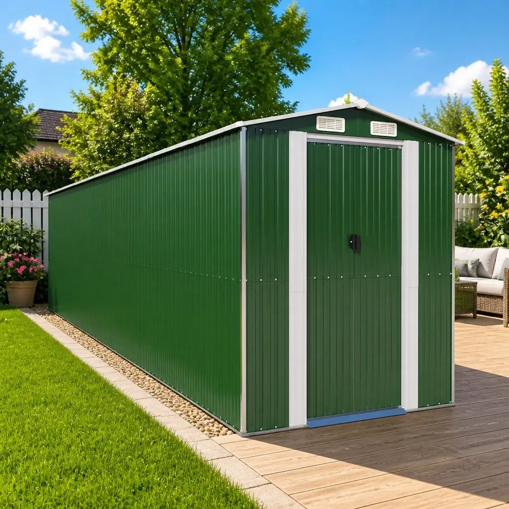 Garden Shed Galvanised Steel Outdoor Tool Storage Green 192x855x223cm with Double Sliding Doors and Ventilation