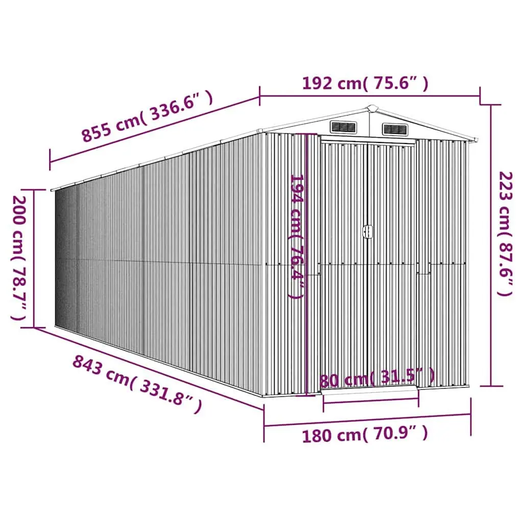 Garden Shed Galvanised Steel Outdoor Tool Storage Green 192x855x223cm with Double Sliding Doors and Ventilation