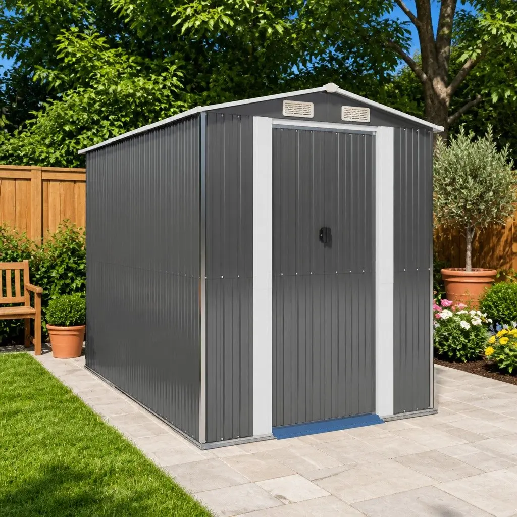 Garden Shed Galvanised Steel Light Grey Outdoor Storage Tool Equipment House 192 x 274 x 223 cm