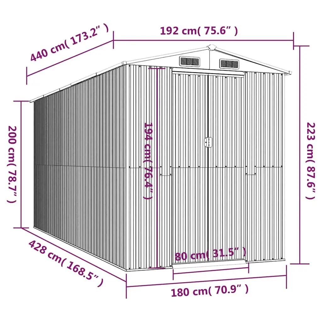 Outdoor Storage Shed Galvanised Steel Grey 192x440x223cm Durable Tool House