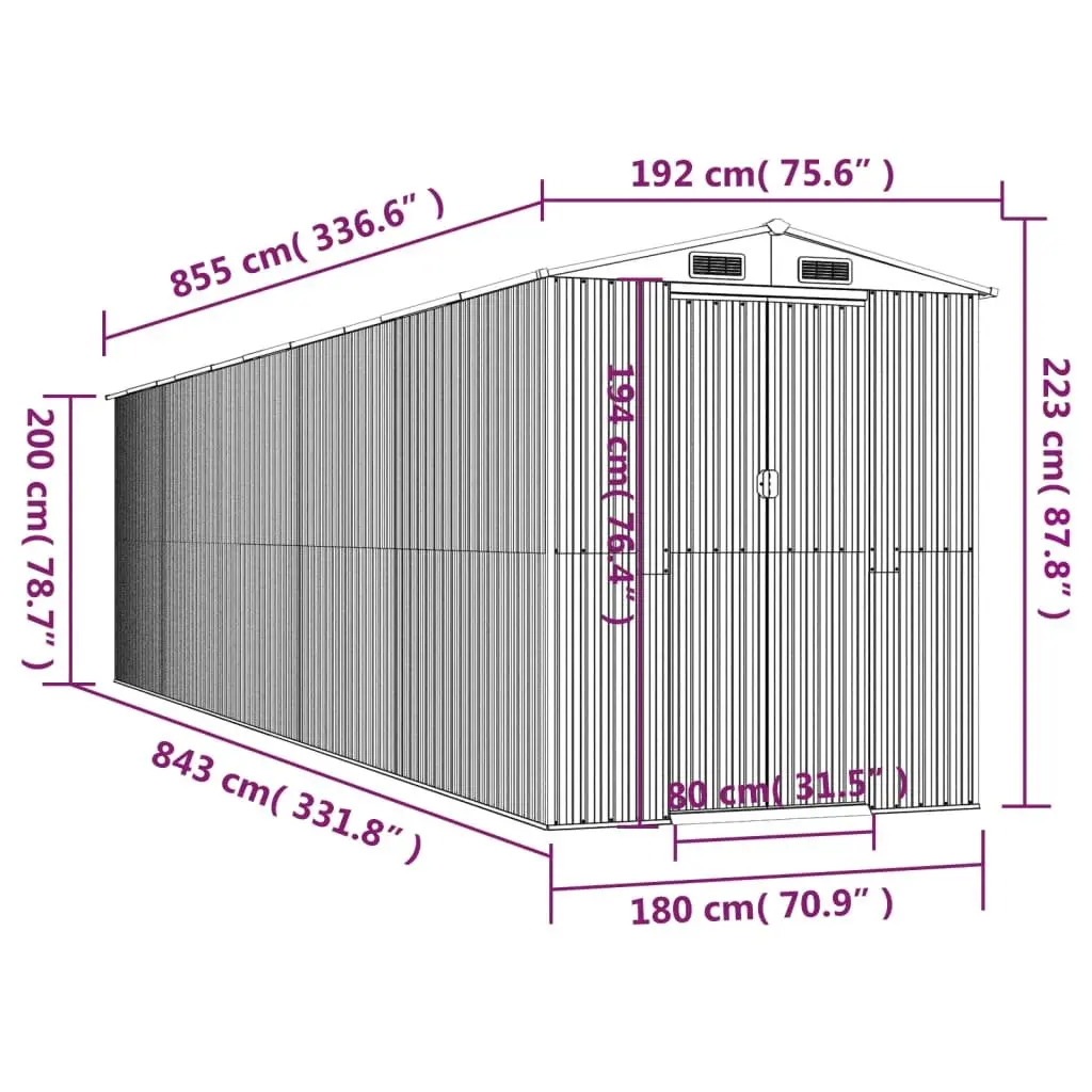 Garden Shed Galvanised Steel 192 x 855 x 223 cm Grey Outdoor Storage Tool House Weatherproof