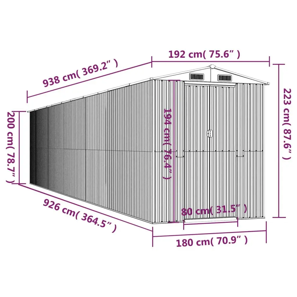 Garden Shed Galvanised Steel Outdoor Storage Tool House Grey 192x938x223cm