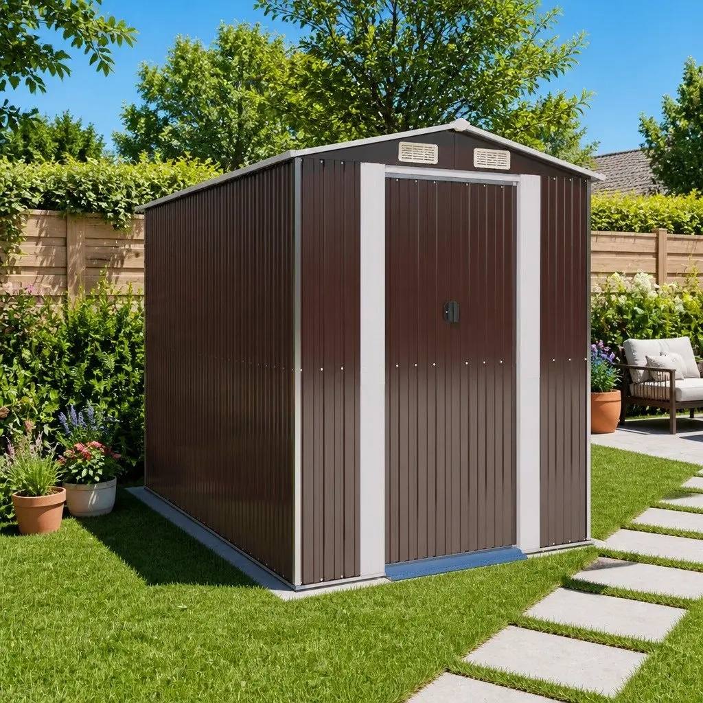 Garden Shed Galvanised Steel Dark Brown Outdoor Storage Tool House 192 x 274 x 223 cm