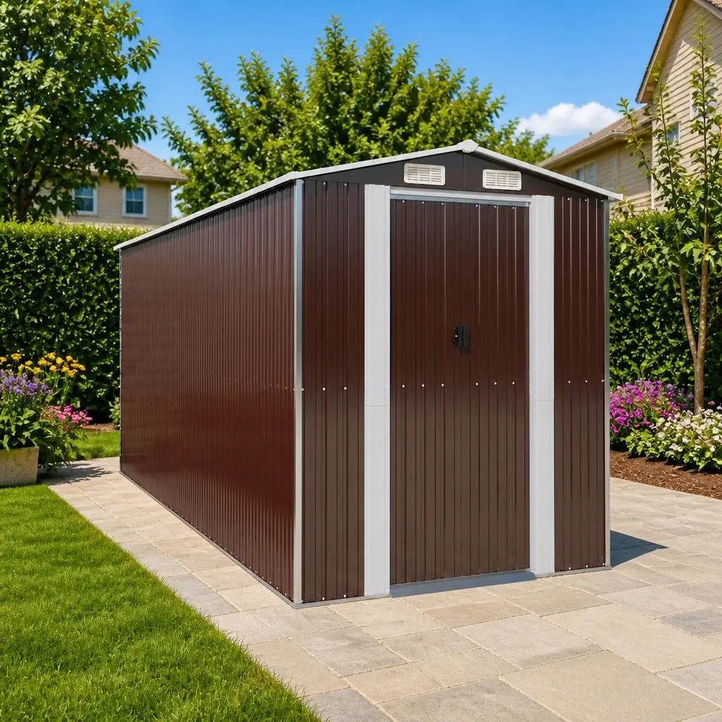 Outdoor Storage Shed Galvanised Steel Dark Brown 192x440x223cm Tool House