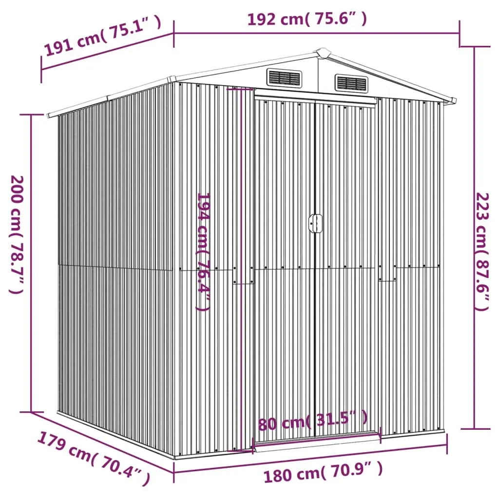 Garden Shed Galvanised Steel Brown Double Doors 192 x 191 x 223 cm
