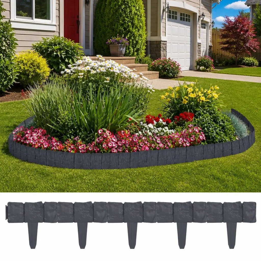 Garden Edging Fence Border Anthracite Plastic Stone Look 10m Length 41 Pieces