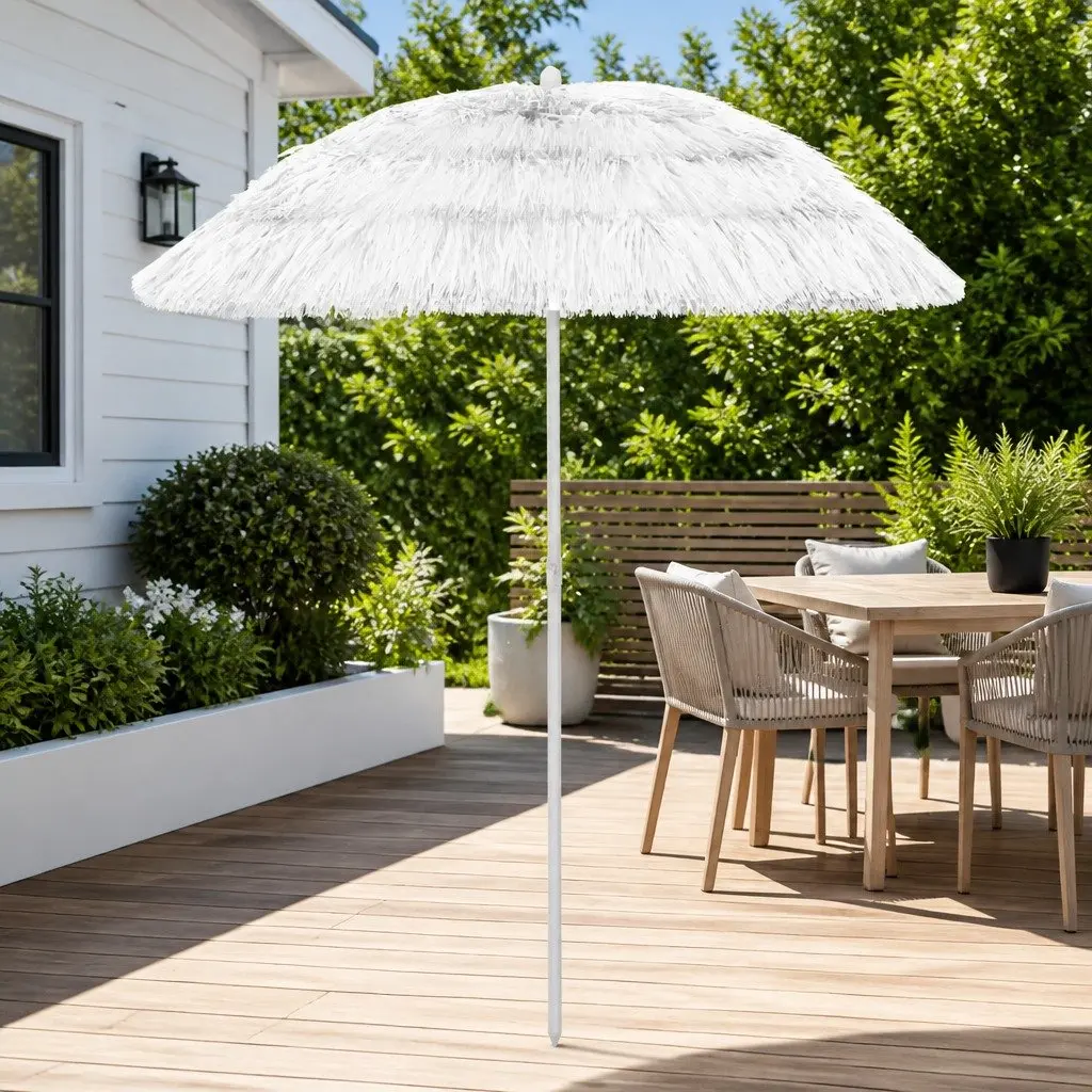 Beach Parasol Polyester 180cm White UV Protection Outdoor Sun Umbrella