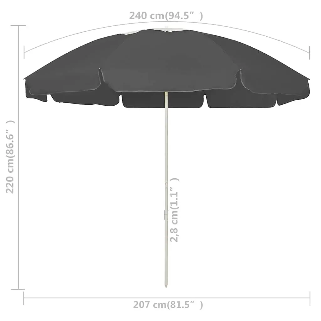 Beach Parasol UV Protective Polyester 240cm Anthracite Outdoor Sun Shade Umbrella Tilt Vent Garden Patio