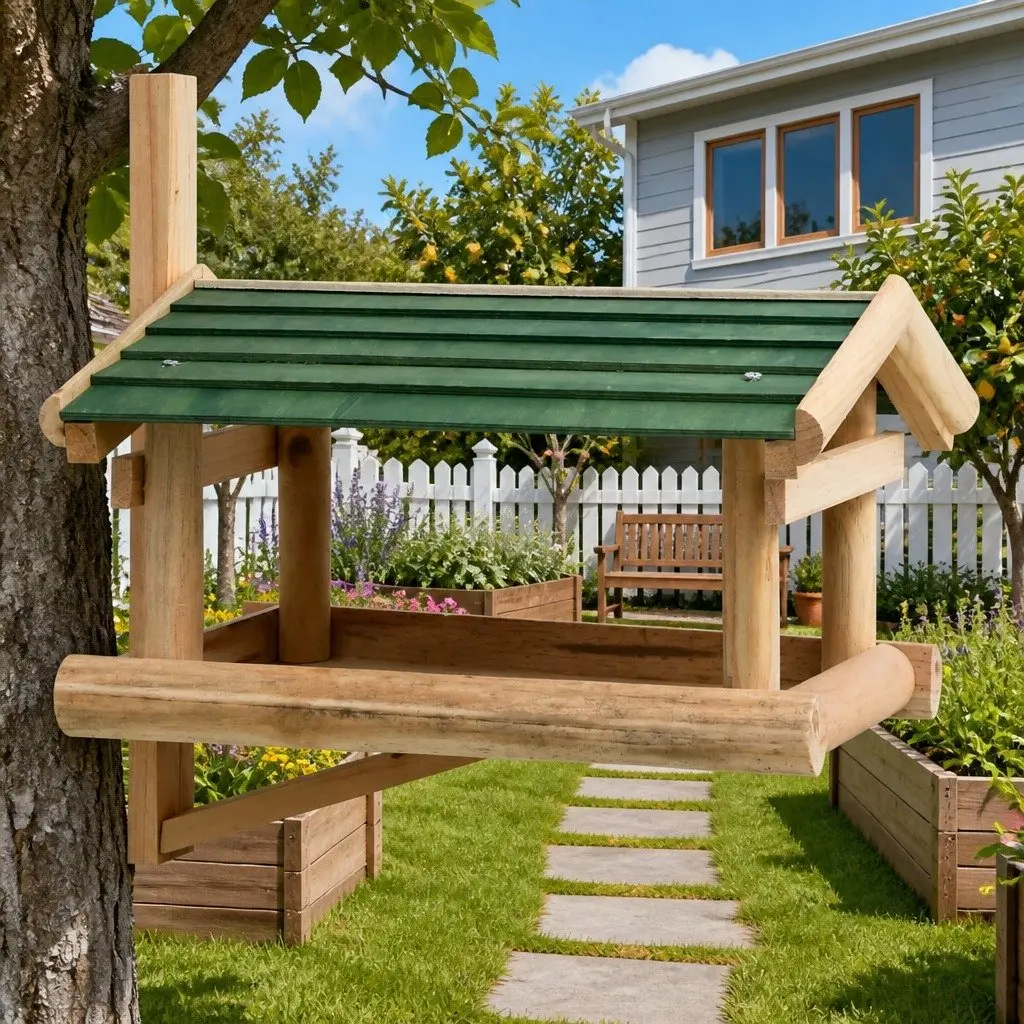 Bird Feeder Solid Fir Wood Wall Tree Mount Large Feeding Platform Brown