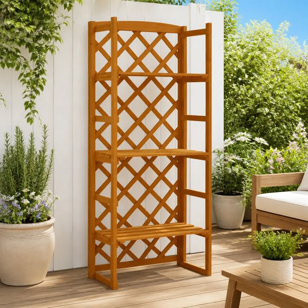 Trellis Plant Stand Orange Solid Fir Wood 60x30x140cm Three Shelf Display for Climbing Plants in Garden