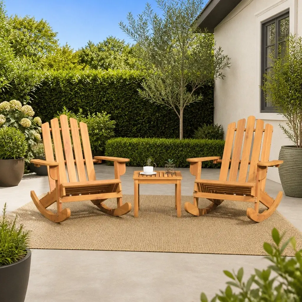 Adirondack Rocking Chair Set Solid Acacia Wood 3 Piece Brown
