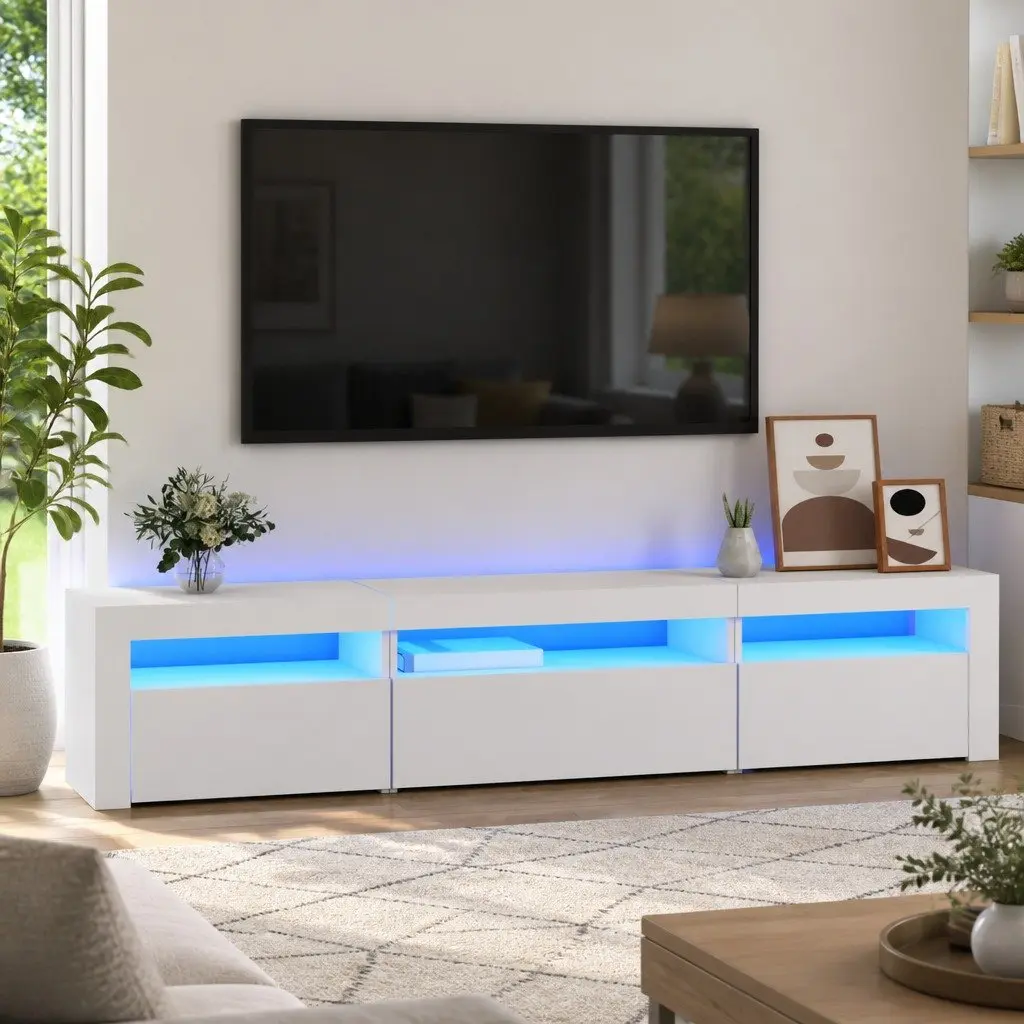 TV Cabinet Engineered Wood 195cm White with RGB LED Lights