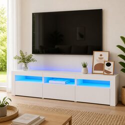 Ideal Storage Solution: White TV Cabinet with RGB Lighting