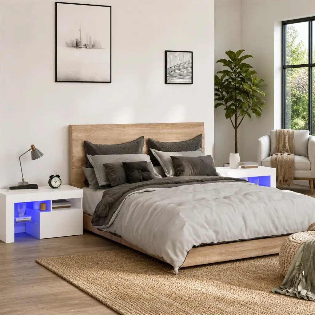 Bedside Cabinets Engineered Wood 70x36.5x40cm White Set of 2 with RGB LED Lights