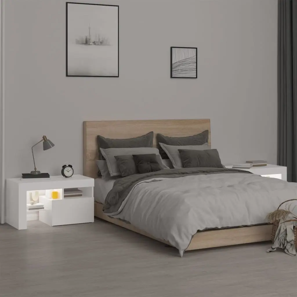 Bedside Cabinets Engineered Wood 70x36.5x40cm White Set of 2 with RGB LED Lights
