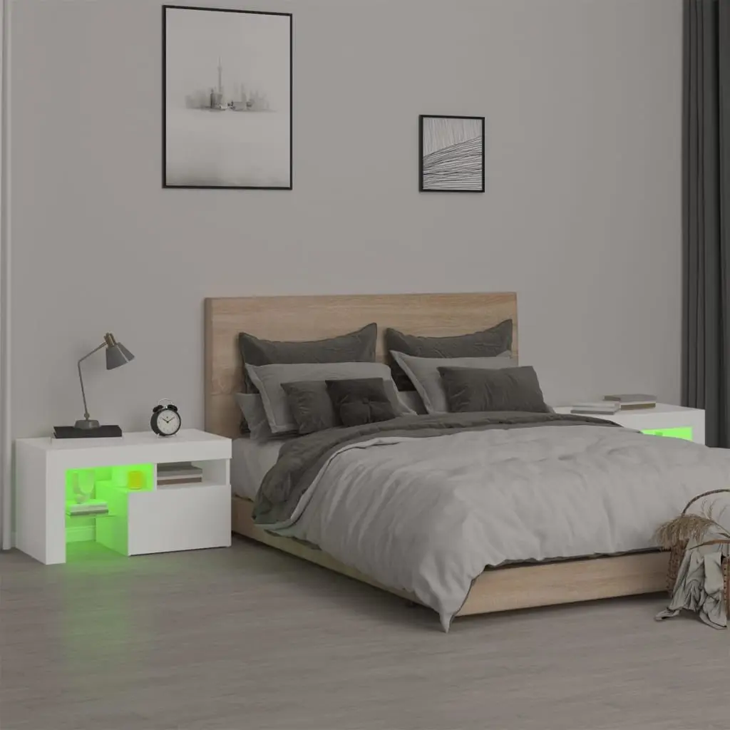 Bedside Cabinets Engineered Wood 70x36.5x40cm White Set of 2 with RGB LED Lights