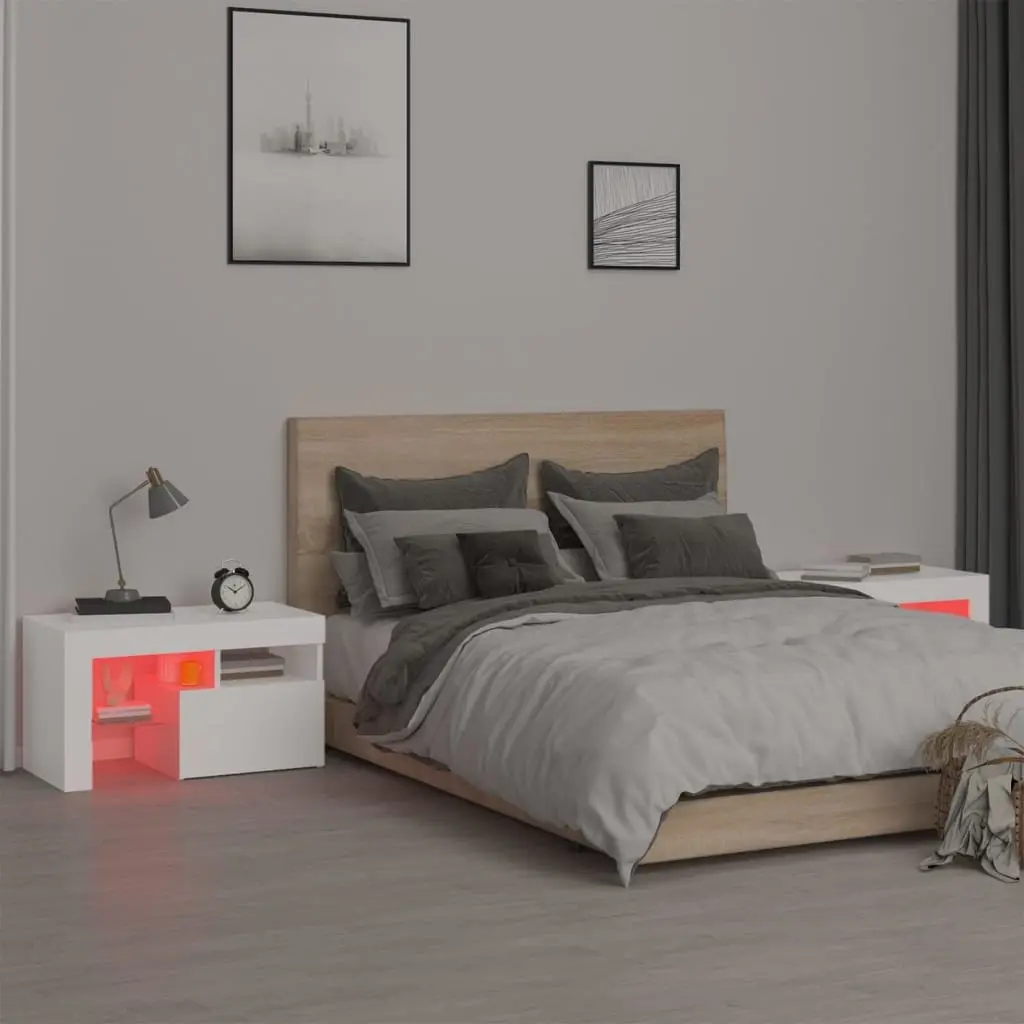 Bedside Cabinets Engineered Wood 70x36.5x40cm White Set of 2 with RGB LED Lights