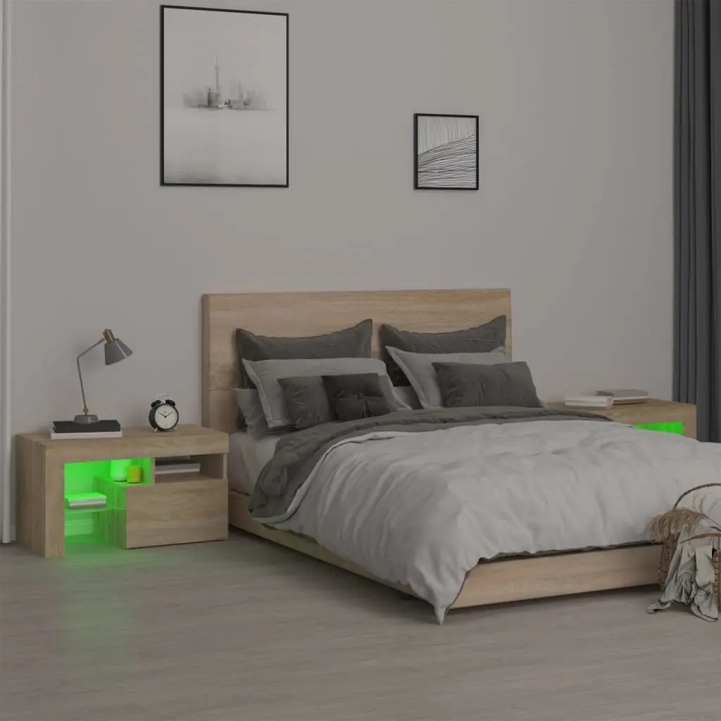 Bedside Cabinets 2 pcs LED Lights Modern Storage Nightstand Table Sonoma Oak