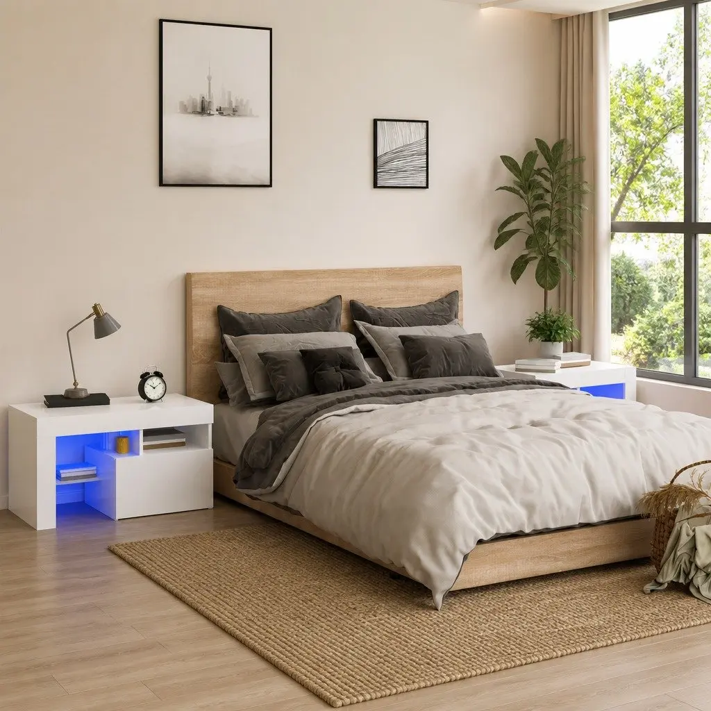 Bedside Cabinets 2 Piece Engineered Wood High Gloss White Modern Storage with RGB LED Lights