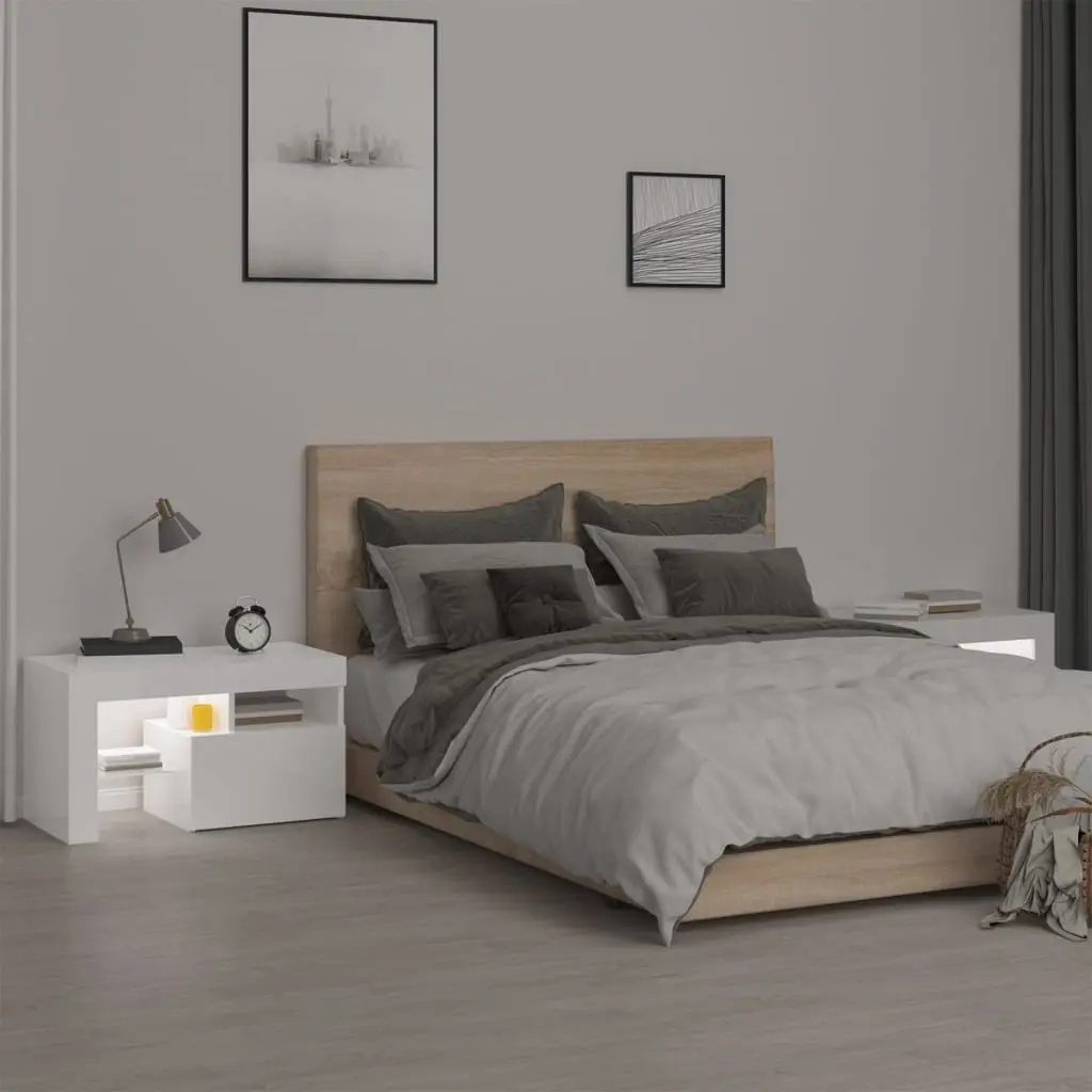 Bedside Cabinets 2 Piece Engineered Wood High Gloss White Modern Storage with RGB LED Lights