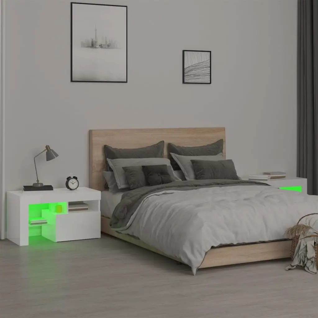 Bedside Cabinets 2 Piece Engineered Wood High Gloss White Modern Storage with RGB LED Lights
