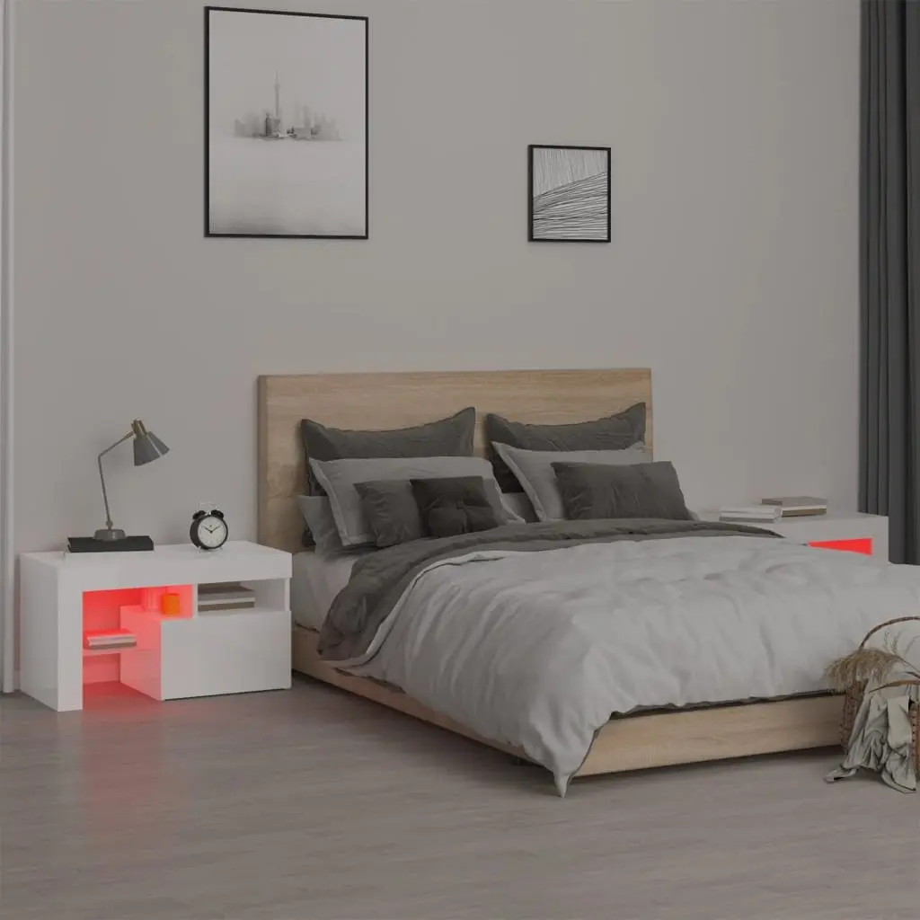 Bedside Cabinets 2 Piece Engineered Wood High Gloss White Modern Storage with RGB LED Lights