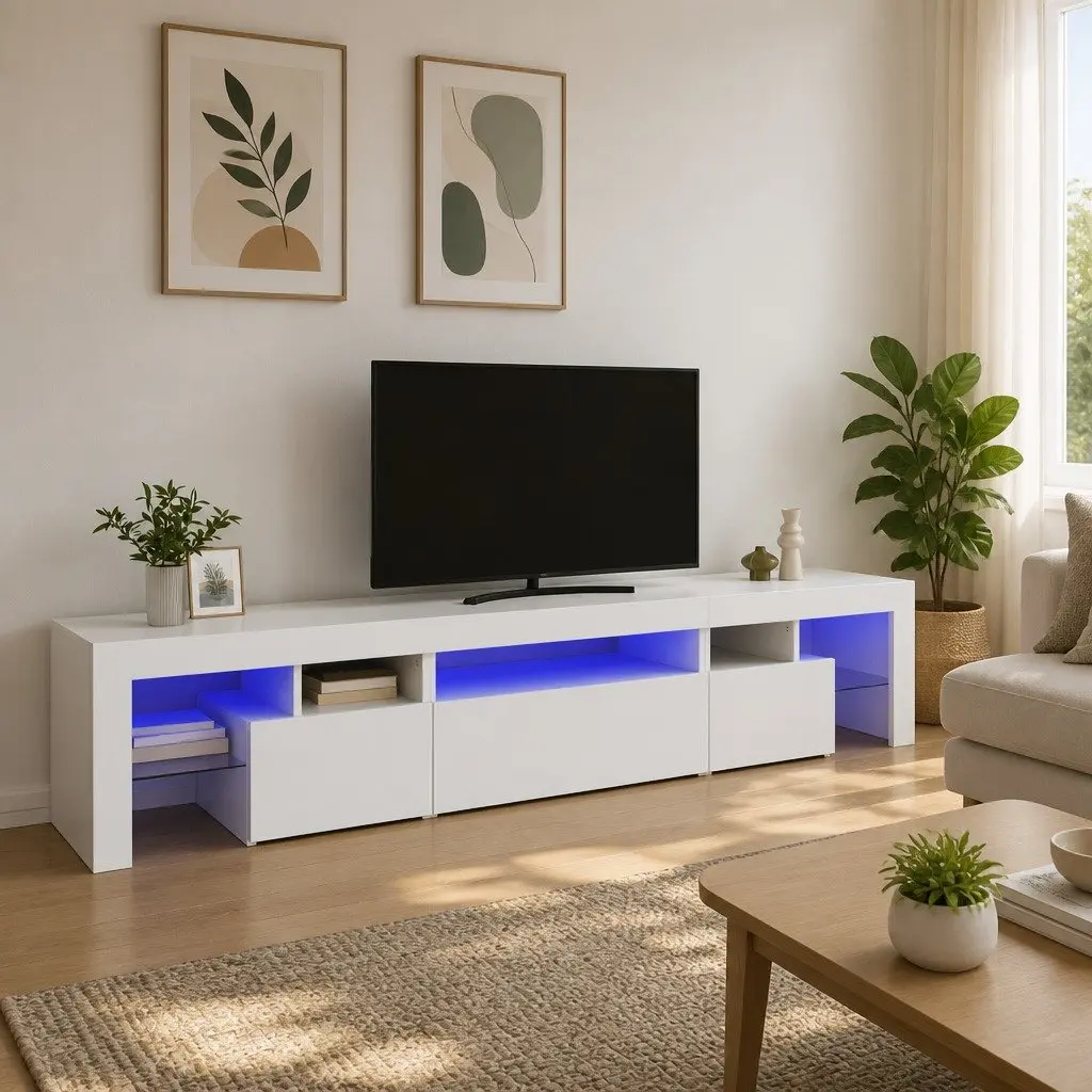 TV Cabinet with RGB LED Lights White 215x36.5x40 cm Media Unit Storage