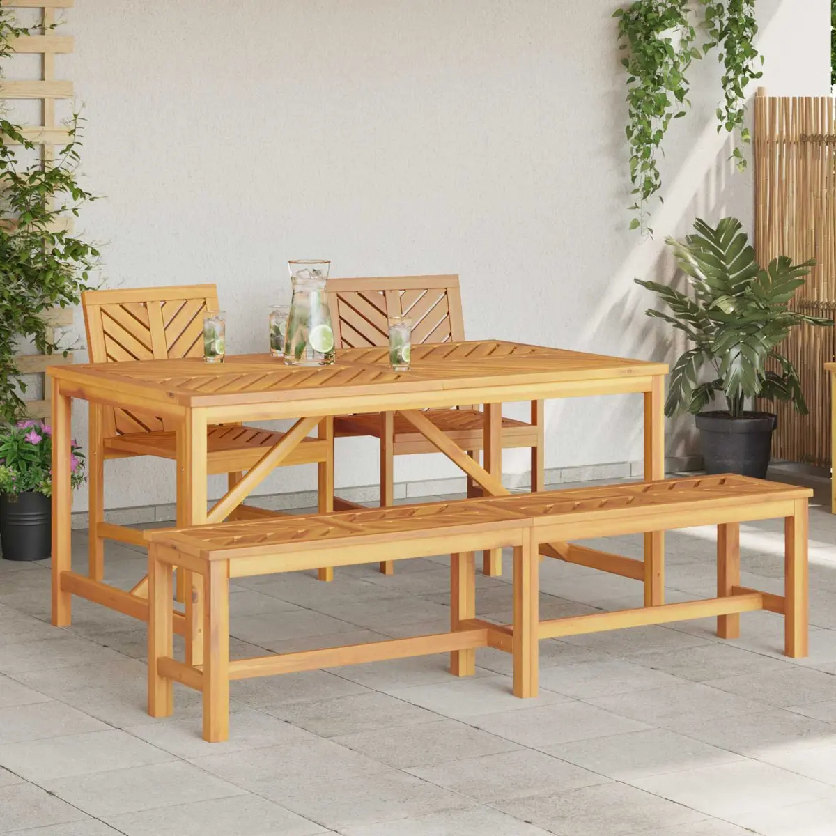 Garden Dining Set 4 Pieces Brown Acacia Wood Outdoor Table Chairs Patio