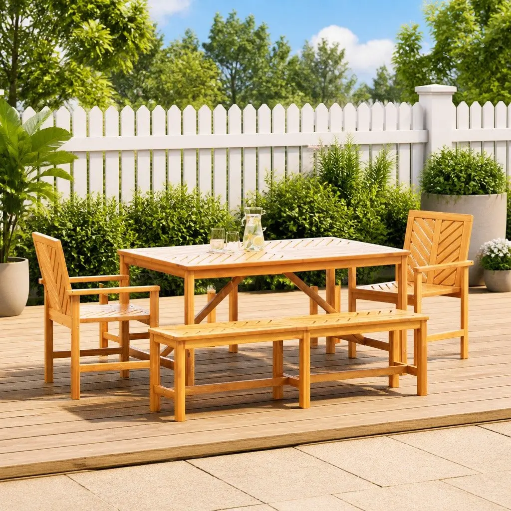Garden Dining Set Solid Acacia Wood 5 Piece Rectangular Table Chairs Brown