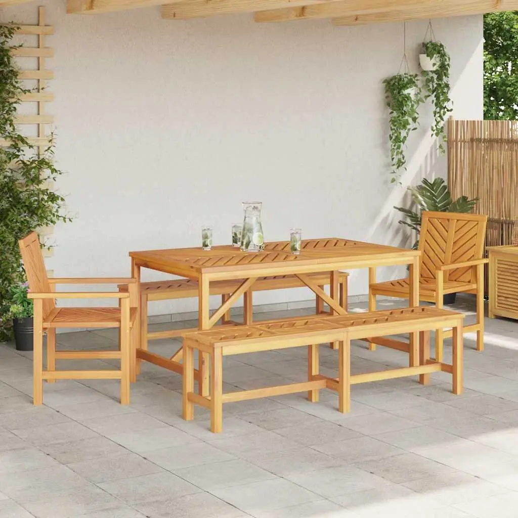 Garden Dining Set Solid Acacia Wood 5 Piece Rectangular Table Chairs Brown
