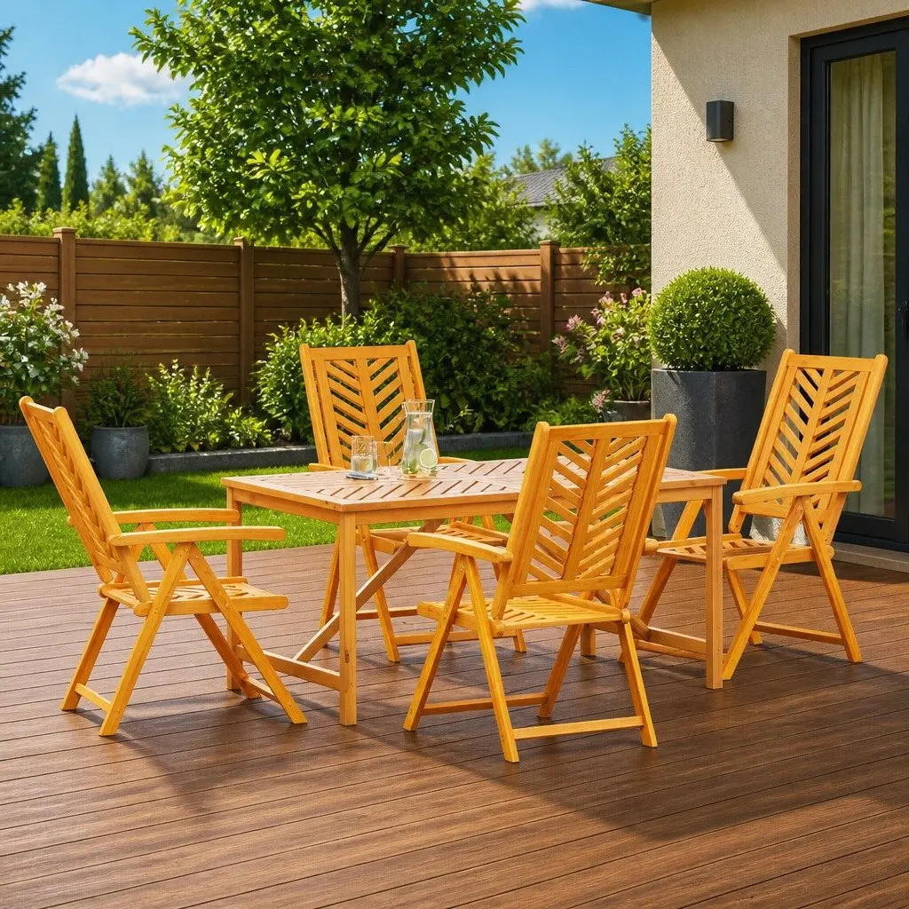 Outdoor Dining Set Solid Acacia Wood 5 Piece Brown Contemporary Garden Furniture