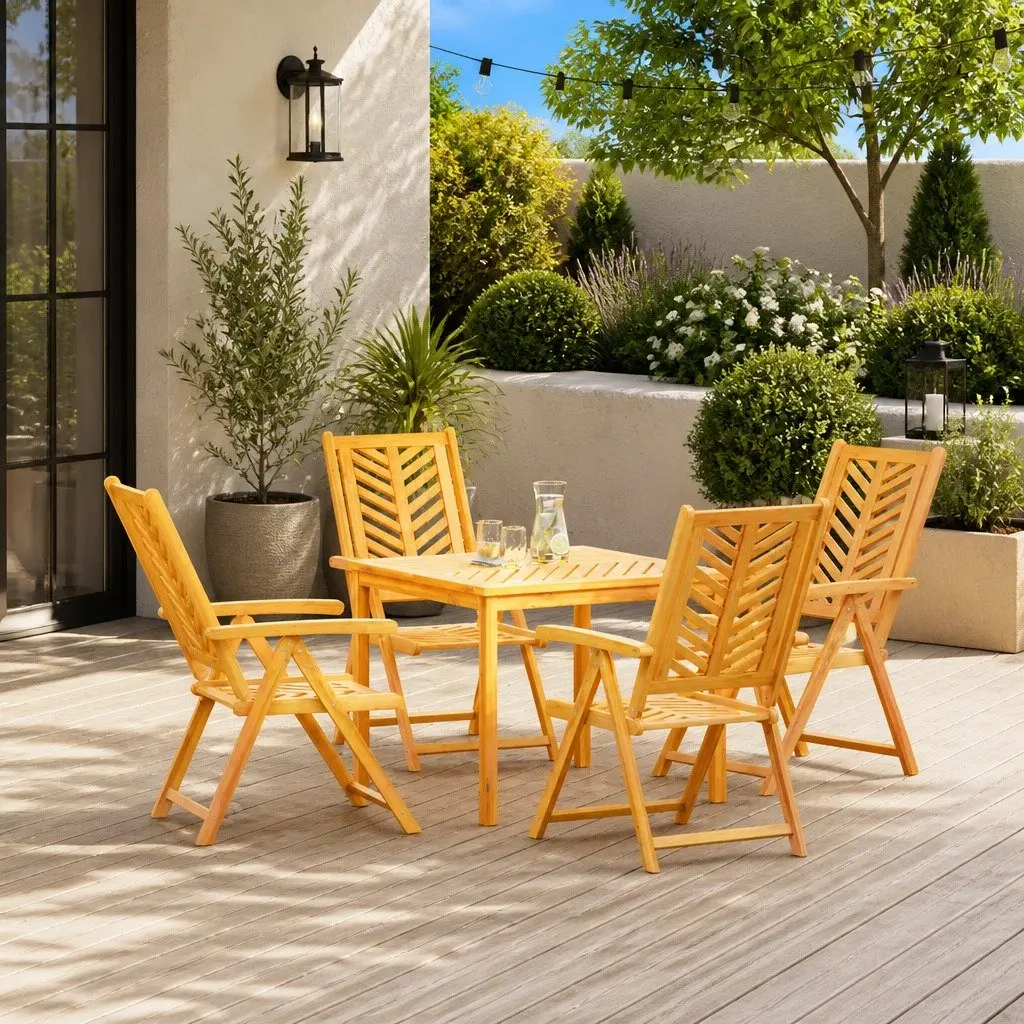 Reclining Garden Chair Set Brown Solid Acacia Wood 4 Piece Multi-Position Backrest Outdoor Furniture