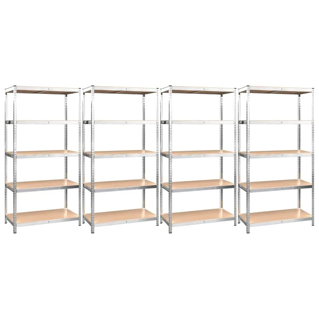 4 Piece Storage Shelves Silver Steel Engineered Wood 5 Layer Adjustable Height Industrial Garage