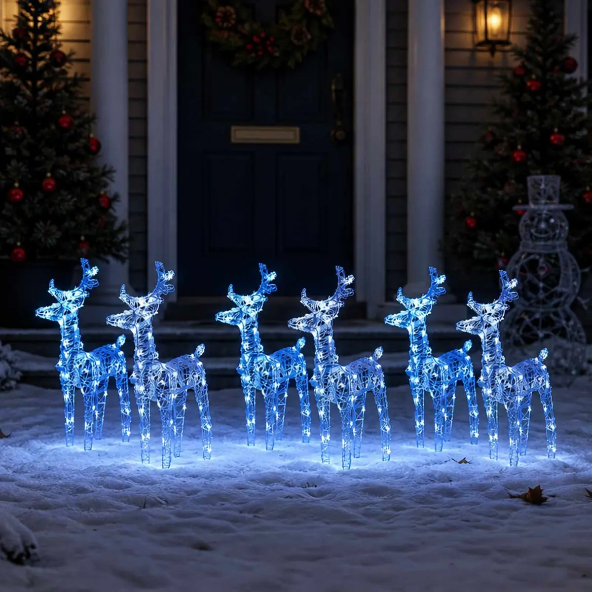 Christmas Reindeer Decorations Outdoor Yard Display Set 6 Piece Blue LED Light Weather-Resistant Acrylic