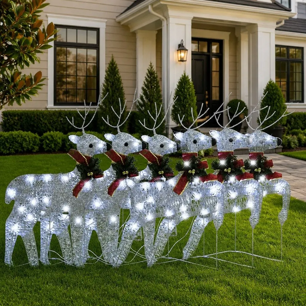 Christmas Reindeer Decorations Silver 6 Piece LED Lights Indoor Outdoor