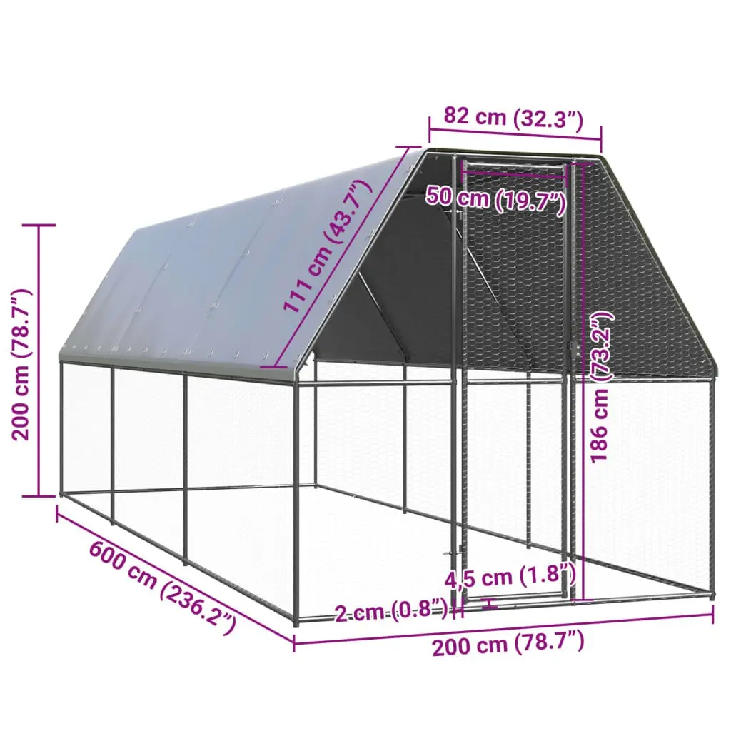 Outdoor Hen Coop 2x6x2m Galvanised Steel Chicken Cage with Water-Resistant Roof for Small Animals