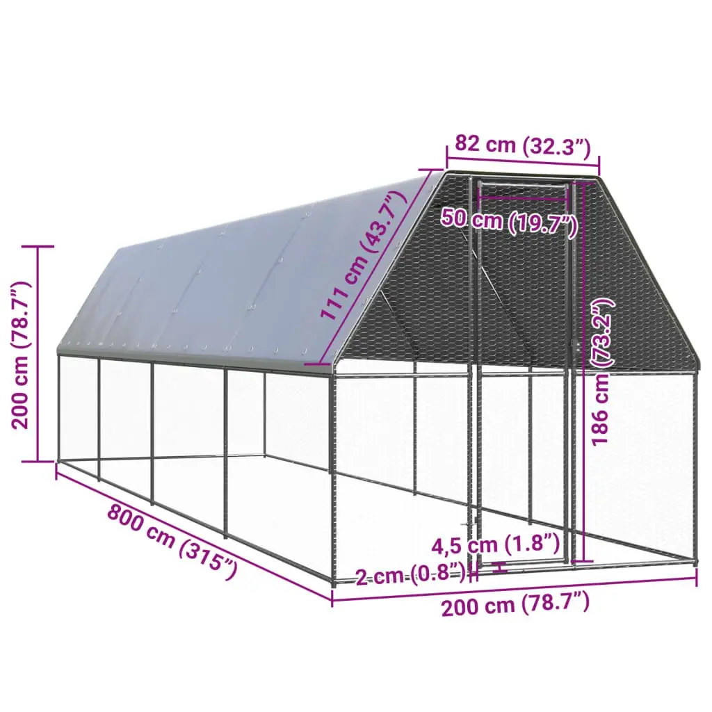 Outdoor Chicken Run Coop Galvanised Steel 2m x 8m Silver with Water Resistant UV Resistant Roof Hen House Pen