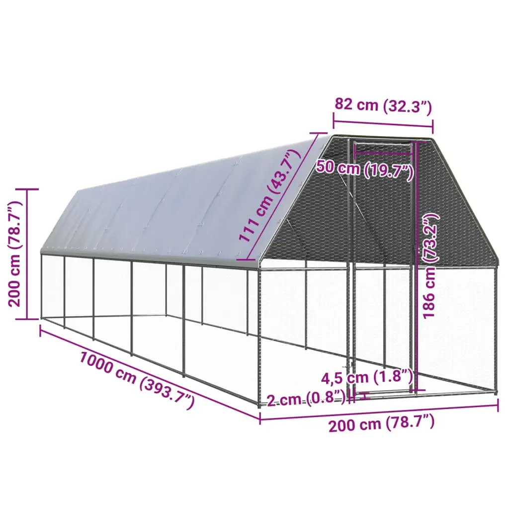 Chicken Cage Galvanised Steel Frame 2x10x2 m Silver