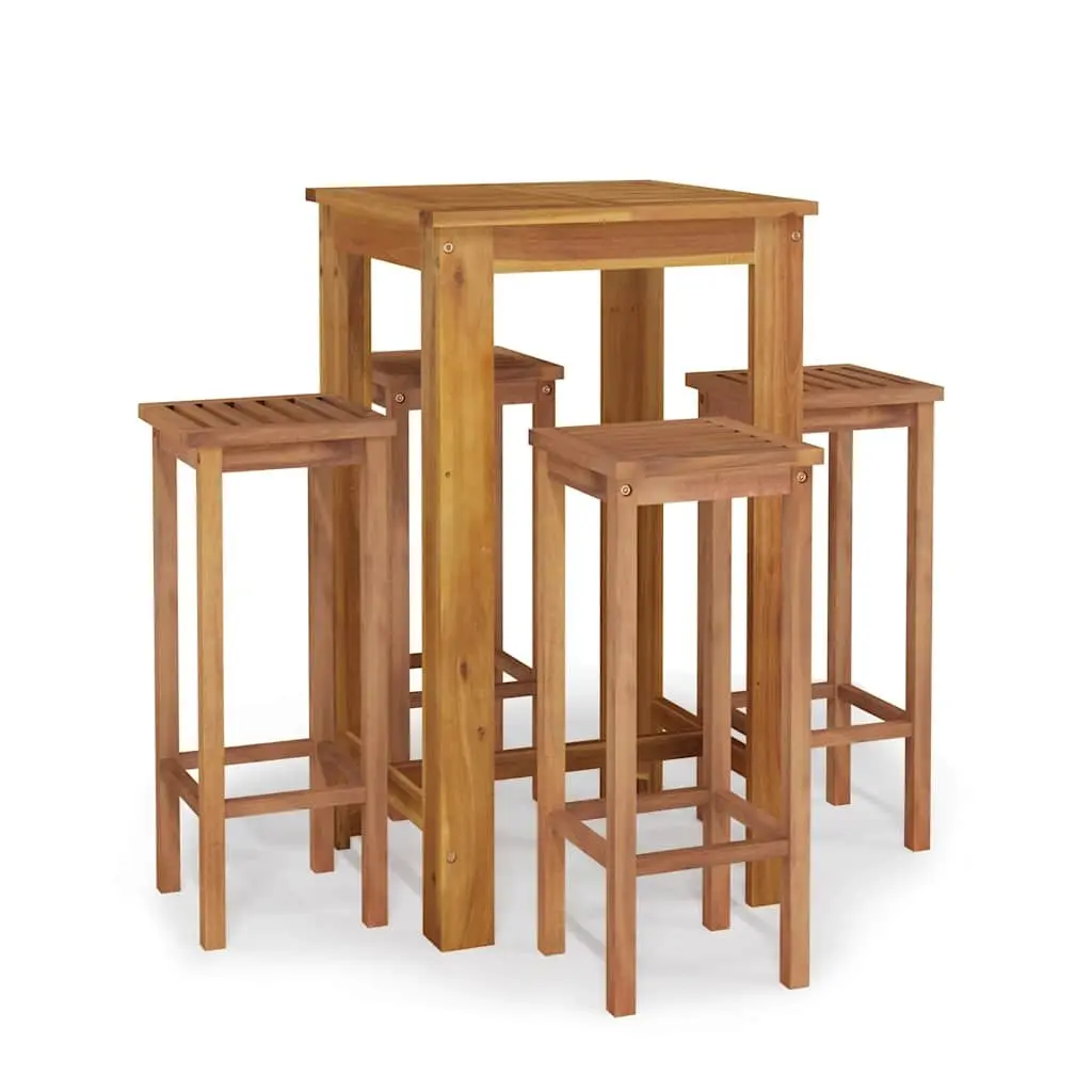 5 Piece Brown Outdoor Bar Set Solid Acacia Wood Contemporary Patio Dining Furniture