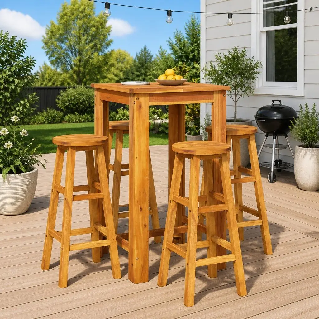 5 Piece Patio Dining Set Solid Acacia Wood Brown Garden Bar Furniture Outdoor