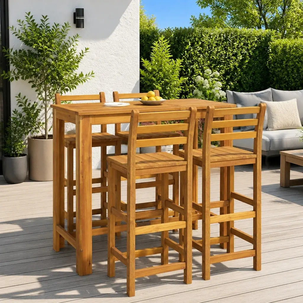 5 Piece Outdoor Bar Set Brown Solid Acacia Wood Patio Garden Dining Furniture