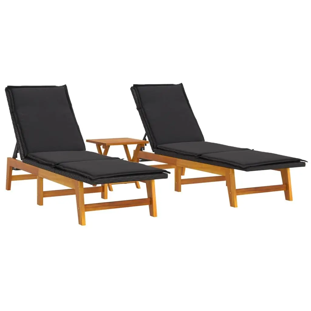 3 Piece Garden Lounge Set Acacia Wood Black Poly Rattan Outdoor