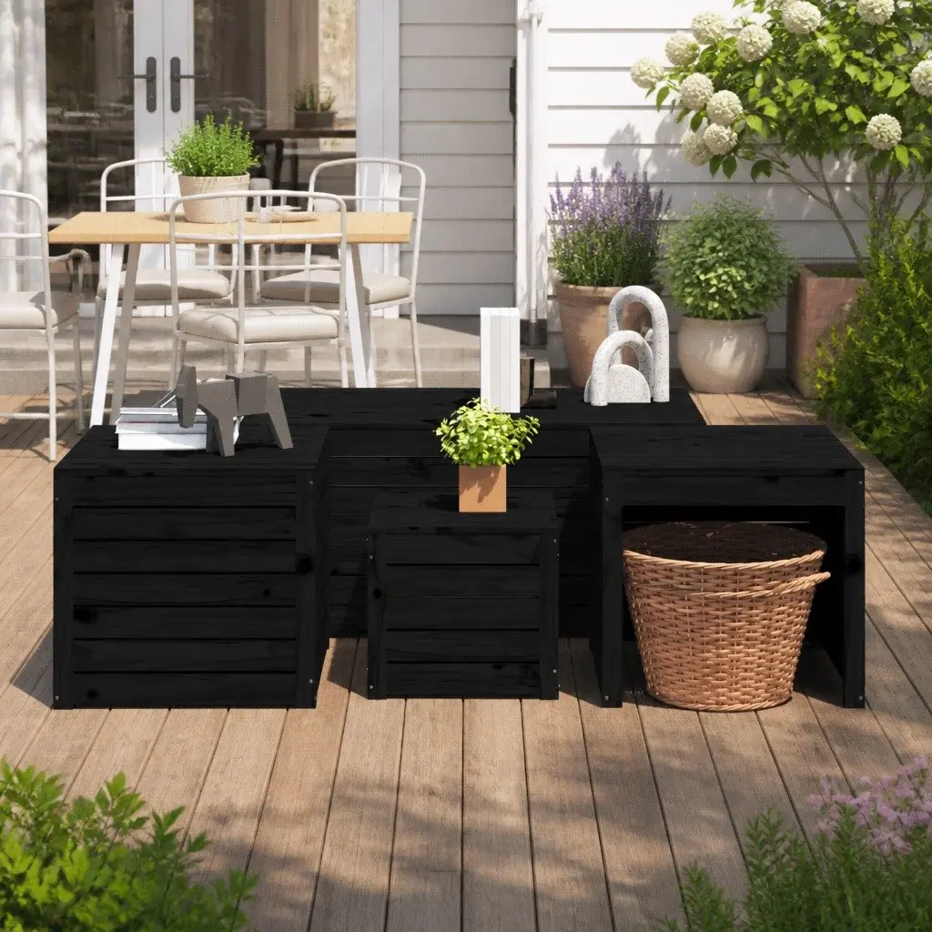 4 Piece Black Garden Storage Box Set Solid Pine Wood Outdoor Furniture