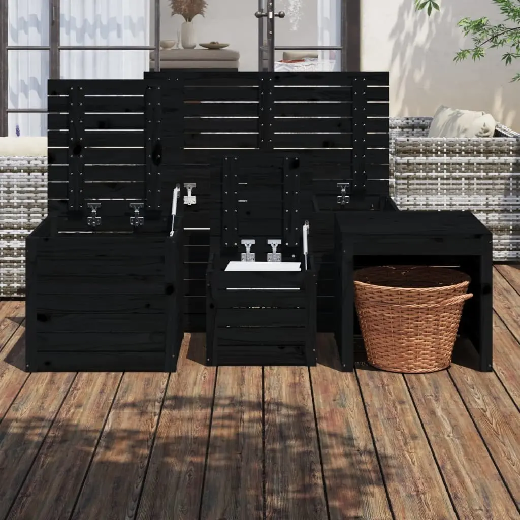 4 Piece Black Garden Storage Box Set Solid Pine Wood Outdoor Furniture