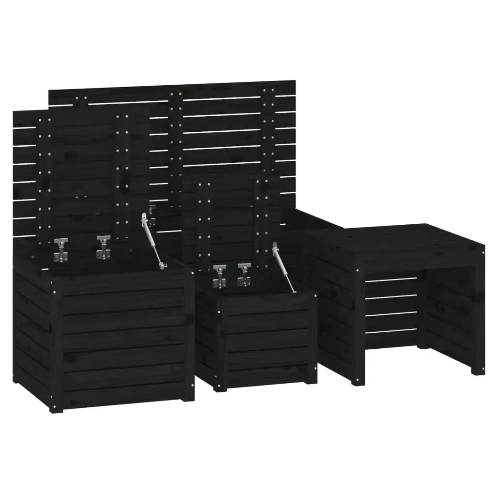 4 Piece Black Garden Storage Box Set Solid Pine Wood Outdoor Furniture
