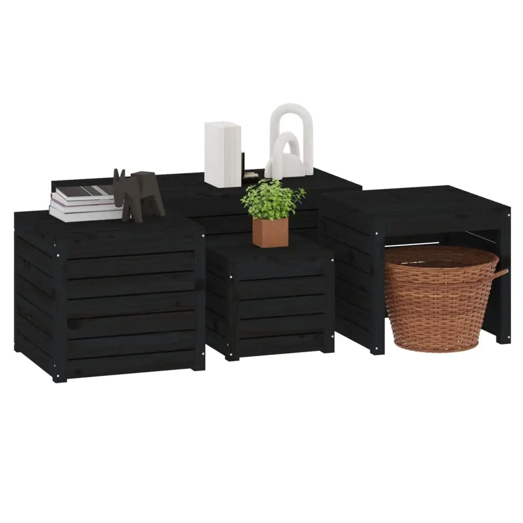 4 Piece Black Garden Storage Box Set Solid Pine Wood Outdoor Furniture