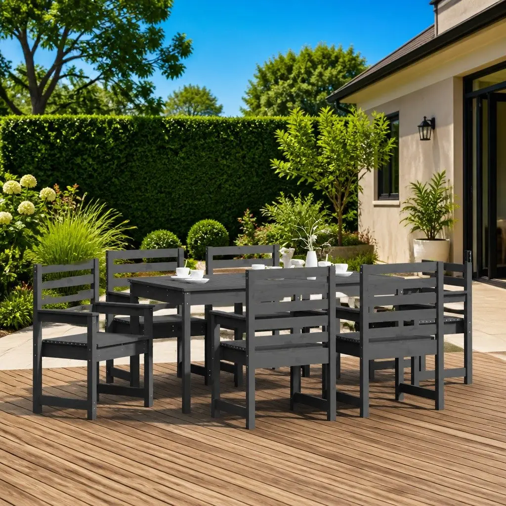 7 Piece Outdoor Garden Dining Set Solid Pine Wood Grey Table Chairs