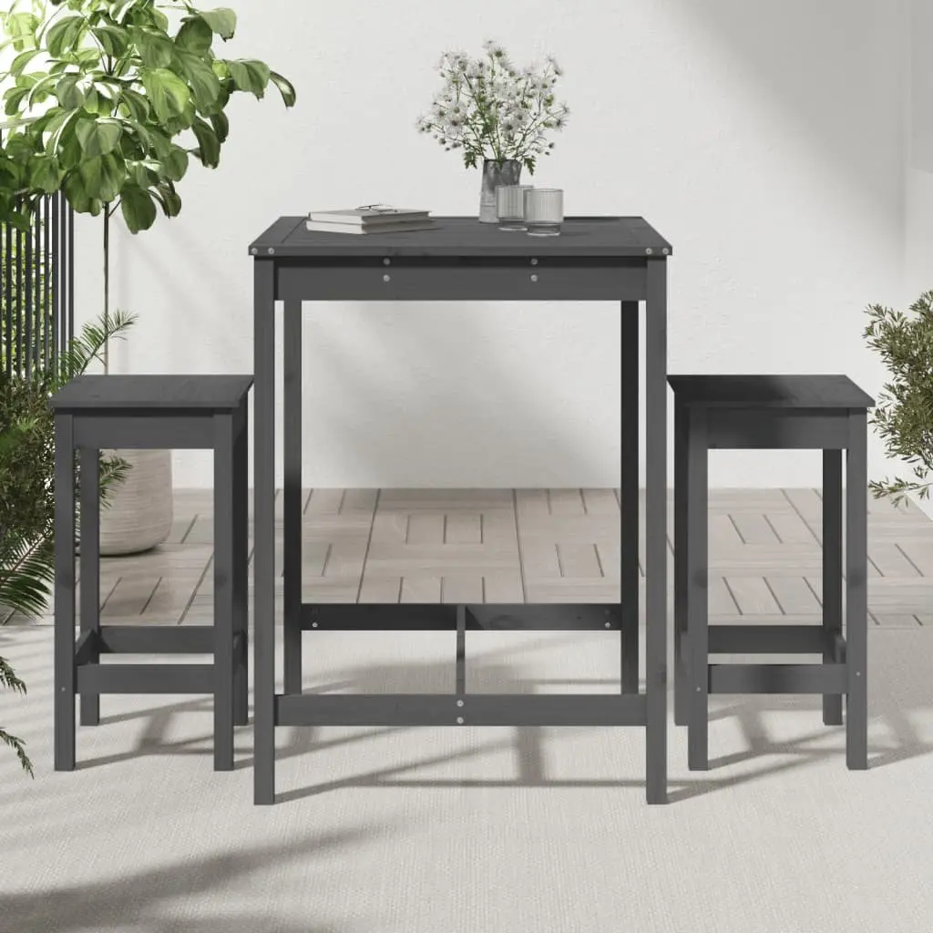 Outdoor Furniture Garden Bar Set Grey Solid Pine Wood 3 Piece Table Stools